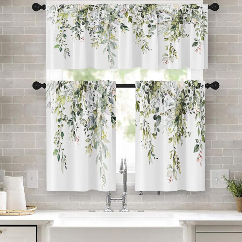 Green Eucalyptus Kitchen Curtains Set – Watercolor Floral