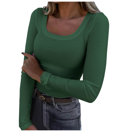 Damen Langarm-Rippstrickoberteil mit eckigem Ausschnitt, schmale Passform