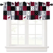 Plaid Valance with Moose Deer Buffalo Pattern Vintage Pine