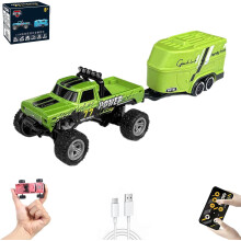 Mini RC Monster Truck with 3-speed levels, 2.4G remote, LED lights & trailer—durable, multiplayer-compatible