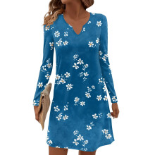Damen-Midikleid mit Blumenmuster, V-Ausschnitt, langen Ärmeln, Blau, Größe S