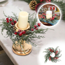 1PC Christmas Candle Ring Wreath with Red Berries & Snowy Pine – Table Centerpiece Decor, Indoor Holiday/Fall Decor, Compatible with Standard