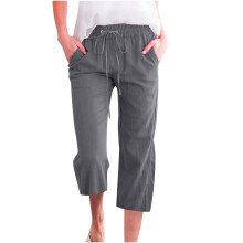 SYMOID Womens Capri Pants,Summer Linen Blend Pants for Women,Cotton Linen Capris with Pockets,Drawstring Ladies Capris Pants,Dark Gray,XL