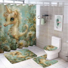 4-Piece Shower Curtain Set with U-Shaped Bath Mat, Seahorse Design, Waterproof, Compatible with Standard Shower Rods