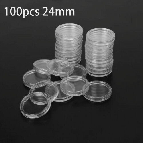100Pcs 24mm Clear Round Plastic Coin Holder Capsule Container Storage Box