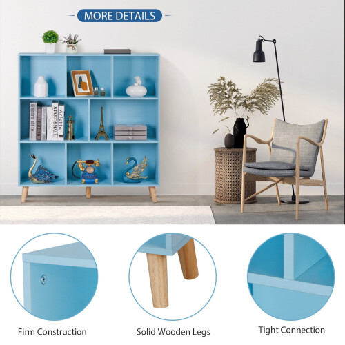 Wood Bookcase with Pine Legs 3-Tier 8-Cube Blue 1