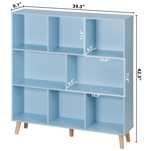 Wood Bookcase with Pine Legs 3-Tier 8-Cube Blue 2