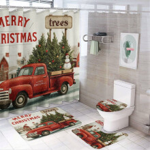 Vintage Red Truck Christmas Shower Curtain Set (4-Pc) with Rugs, Waterproof Fabric, Compatible with Standard Shower Rods