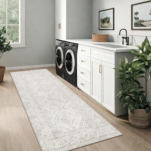 Washable geometric runner rug 2 ft x 6 ft ivory 1