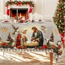 Vintage Nativity & Tree Christmas Tablecloth, 55"x100", Polyester, Rectangular/Round – Festive Dining, Party, Family Gatherings Decor