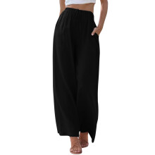 Calça cropped feminina de algodão e linho com pernas largas, preta, tamanho G