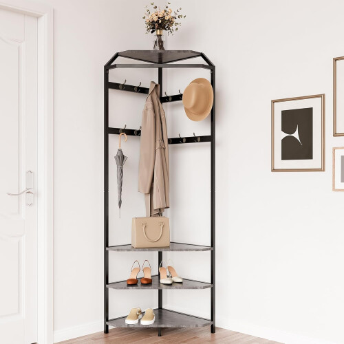Corner coat rack with shoe bench and 12 hooks 1