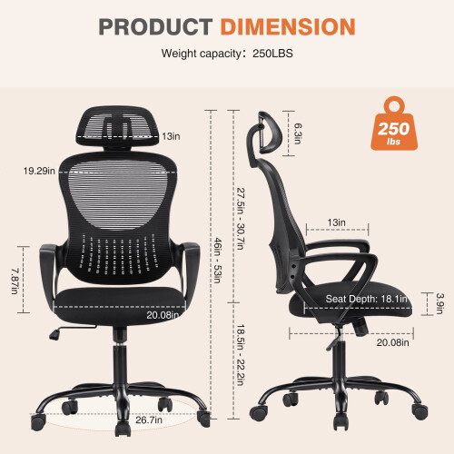 Chaise de bureau ergonomique à dossier haut en maille réglable 1