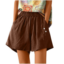 Women's Cotton Linen Shorts High Waist Elastic Pockets