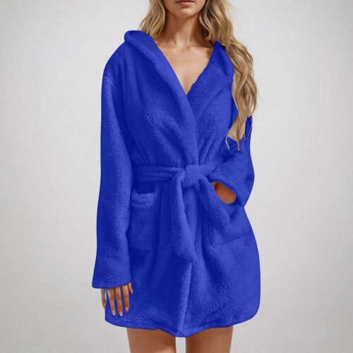 Women's Fleece Bathrobe V-Neck Long Sleeve Solid Blue 2X 1