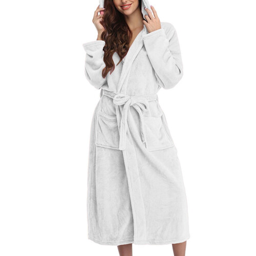 Women's Hooded Fleece Bathrobe White
