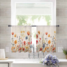 Sheer Curtains Yellow Red Poppy Watercolor Linen Voile 52"W