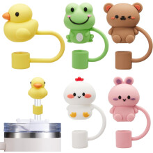 5PCS Straw Cover Cap for Cups, Silicone Cute Animal Straw Topper for 10mm 0.4in Dust-Proof Reusable Straw Tips Lids
