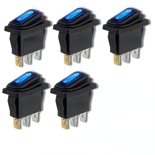 Waterproof 12V Rocker Switch SPST 3-Pin Blue LED 5 pcs
