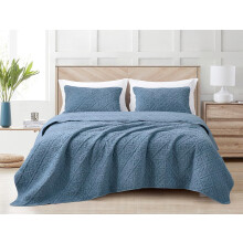 Chezmoi Bethany 3-Piece Queen Sherpa Quilt Set – Reversible Floral Quilted Blanket, Washed Microfiber, Lightweight Blue Bedspread