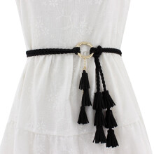 Boho Belts for Women Women Casual Knotted Braided Belt Fringe Waist Cord Belt Womens Black Belt (Black,One Size)
