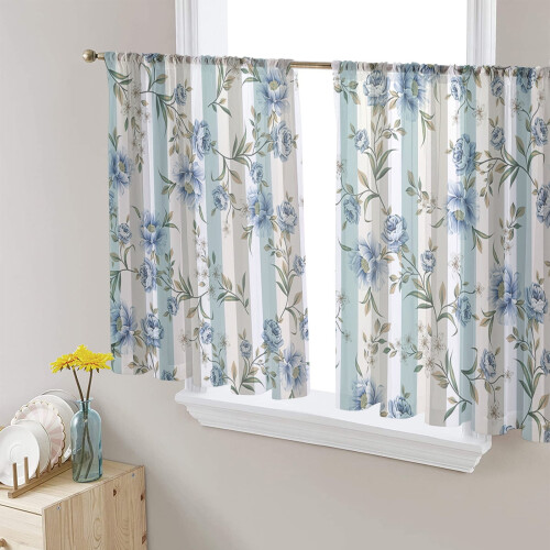 Sheer Curtains Retro Blue White Flowers Grey Stripe 52x45 2