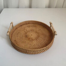 Round Hand-Woven Rattan Serving Tray with Handles – Wicker Basket for Bread, Coffee & Breakfast Display