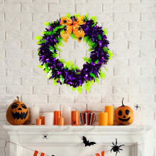 15" Halloween Wreath for Front Door, Window & Wall – Tinsel Fall Decor with Pumpkin Ribbon Bow, Indoor/Outdoor Party Decor