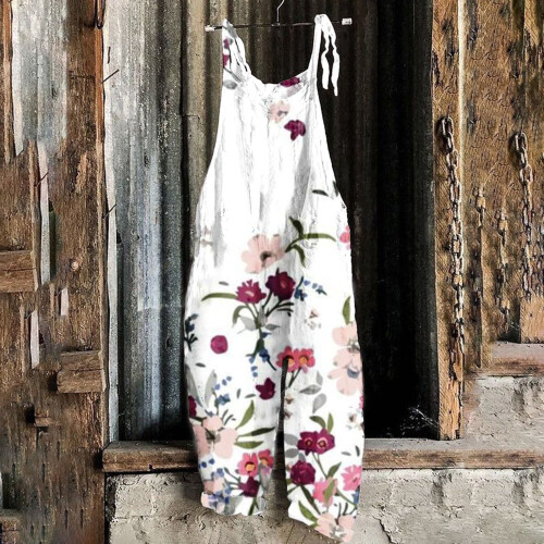 Women's Overalls Pink Wide-Leg Pattern Print L