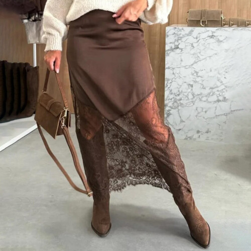 Women's High Waist Lace Patchwork A-Line Maxi Skirt