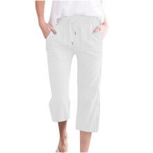 SYMOID Capri Pants for Women,Womens Summer Pants,Cotton Linen Blend Capris with Pockets,Drawstring Ladies Capris Pant,White,XL