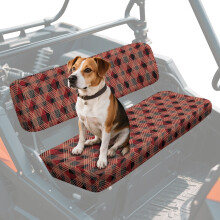 2-Pack Waterproof UTV Seat Covers for Kawasaki Mule (2001-2023, 2025), Red/Black Geometric Grid, Scratch-Resistant & Easy Install