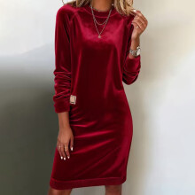 Women's Solid Velvet Midi Dress, Long Sleeve Round Neck Bodycon – Soft Stretch Casual & Party Dress for Fall/Winter – Compatible with Evening Wine