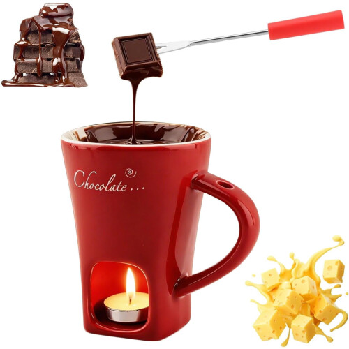 Ceramic Fondue Mug with Forks and Candle Warmer 1pc