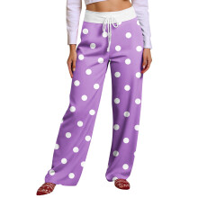 Women's Winter Drawstring Polka Dot Print Full Length Casual Sports Pants, Purple, Size XL