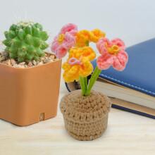 Handmade Knitted Flower Pot Decor with Crochet Rose