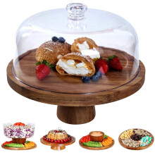 Wood Cake Stand with Lid, 12IN Multi-Functional Serving Platter & Dome – Compatible with Standard Cakes