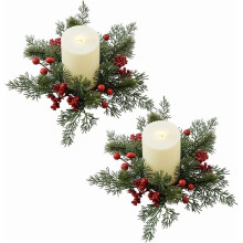 2pcs Christmas Pine Candle Rings w/ Red Berries, 3" Center, for Pillar Candles – Holiday Mantle/Table Decor