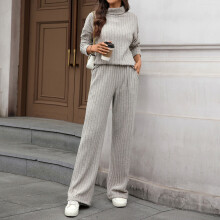 Women's Fall 2-Piece Set Turtleneck Ribbed Top & Wide Leg Pants Khaki XL