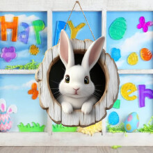 Wood Easter Wreath Sign 11.8", Rabbit & Eggs Design, Vintage Tree Hole Hanging Decor, Welcome Door Sign for Indoor/Outdoor Spring Party – Compatible