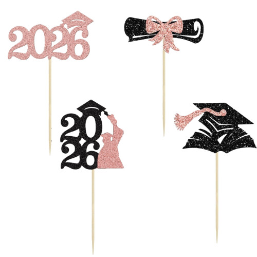 Graduation Cupcake Toppers Glitter Diploma Cap 24 Pack