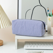 Cute Stripe Pencil Case & Makeup Bag, Multifunctional Cosmetic Pouch for Travel/Office, Birthday Gift (Dark Blue)