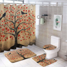 Valentine's Day Love Tree Shower Curtain Set (4 pcs) with Rug, Toilet Lid Cover & Bath Mat – Waterproof Bathroom Decor, Compatible with Standard