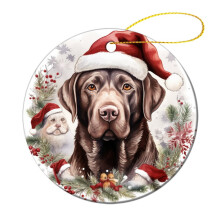 Ceramic Chocolate Lab Dog Ornament with Santa Hat, 3" Circle – Elegant Christmas Tree Decor, Compatible with Holiday Themes