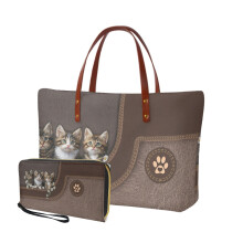 Leather Cat Daisy Flower Print Tote Bag & Matching Wallet Set of 2 for Women – Lightweight, Waterproof, Top-Handle Satchel