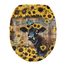 Sunflower Cow Wooden Stripe Toilet Seat Cover – Universal Fit, Butterfly & Bee Decor, Compatible with Most Toilet Lids