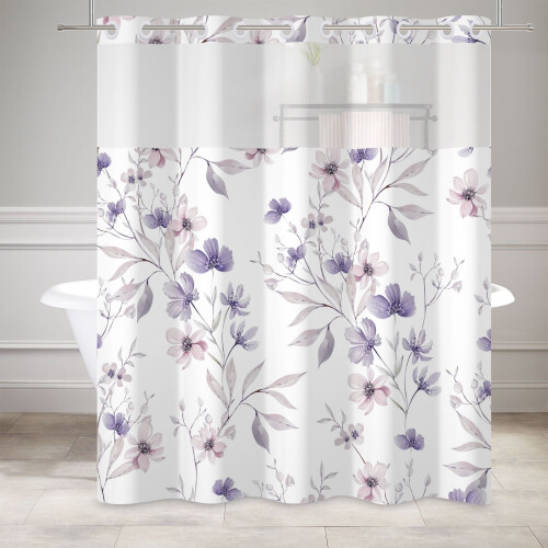 Lila duschdraperi med vildblommor och snäppfäste 7171