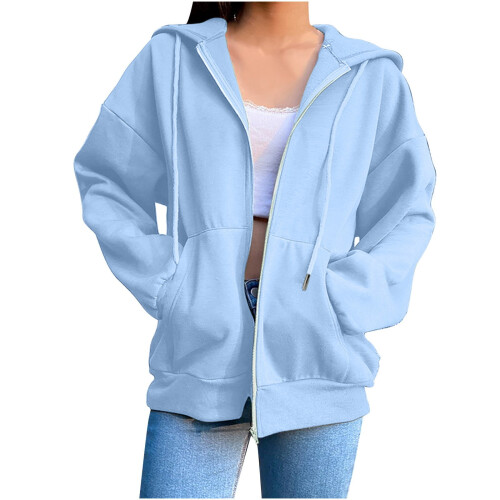 Moletom feminino casual com zíper frontal e modelagem solta.