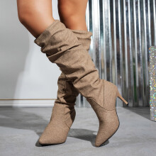 Dames suède slouchy laarzen met spitse neus en hoge hak, kaki, maat 42