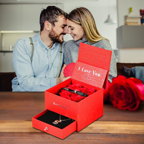 Schmuckgeschenkbox mit konservierten Rosen, rot, doppelwandig 1